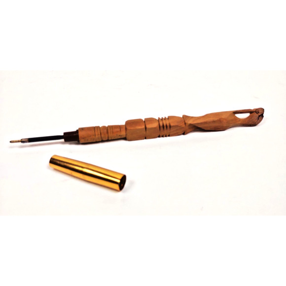 Vintage Hand Carved Wood Pen Bird Totem Gold Brass Cap 6 3/4" Ink Pen Insert - Picture 3 of 5